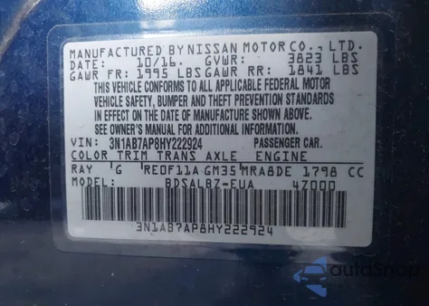 2017 Nissan Sentra S from USA, damaged, VIN 3N1AB7AP8HY222924